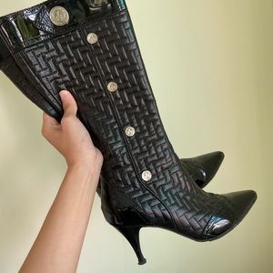 Bally Knee High Black Quilted Leather Boots with silver button accents size 7.5